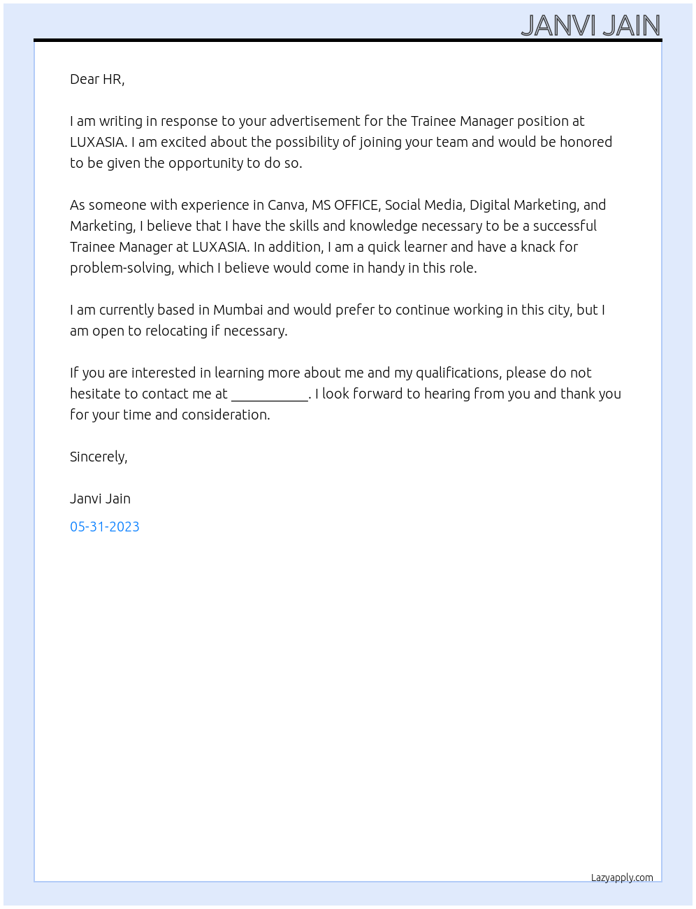 Trainee Manager At LUXASIA Cover Letter