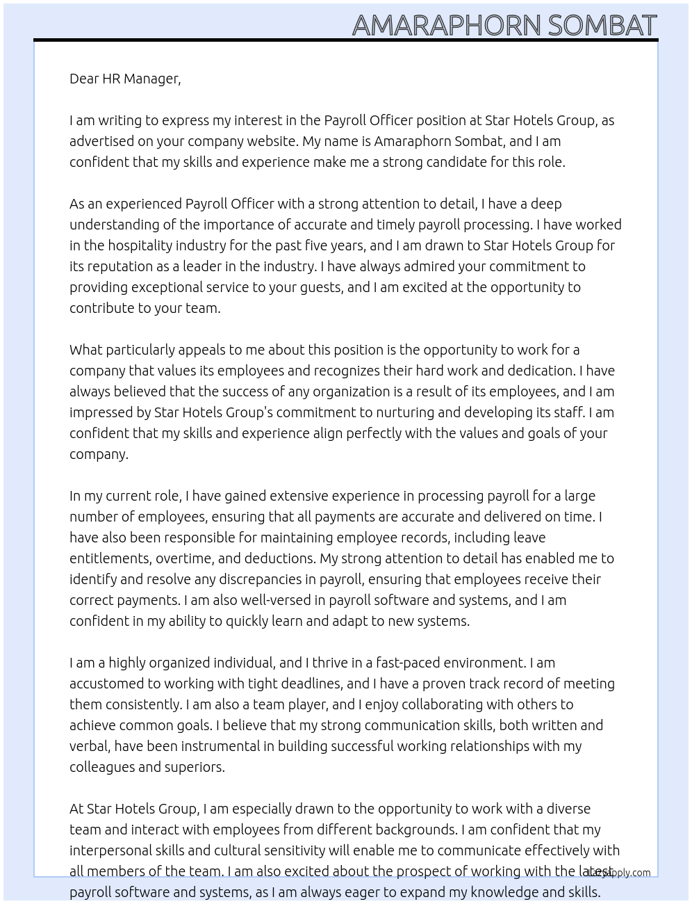 Payroll Officer At Star Hotels Group Cover Letter