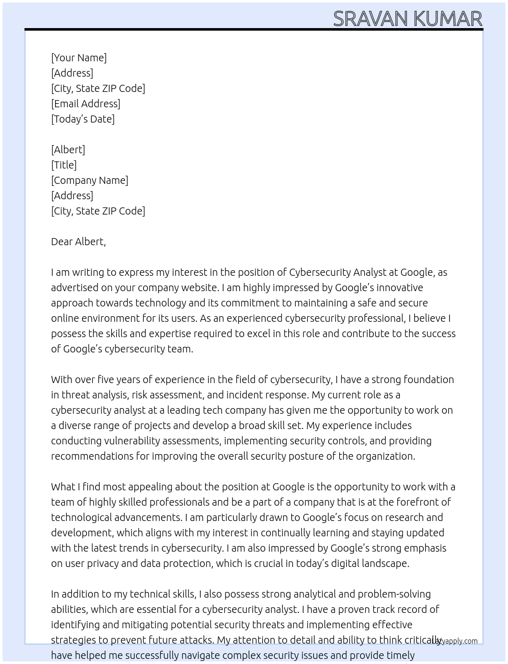 cybersecurity Analyst At google Cover Letter
