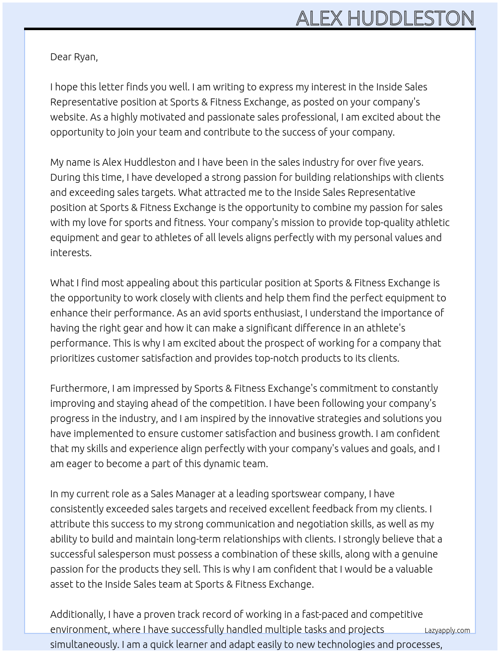 Inside Sales Representative At Sports & Fitness Exchange Cover Letter