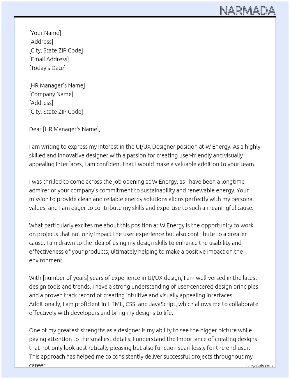 UI/UX Designer At W Energy Cover Letter
