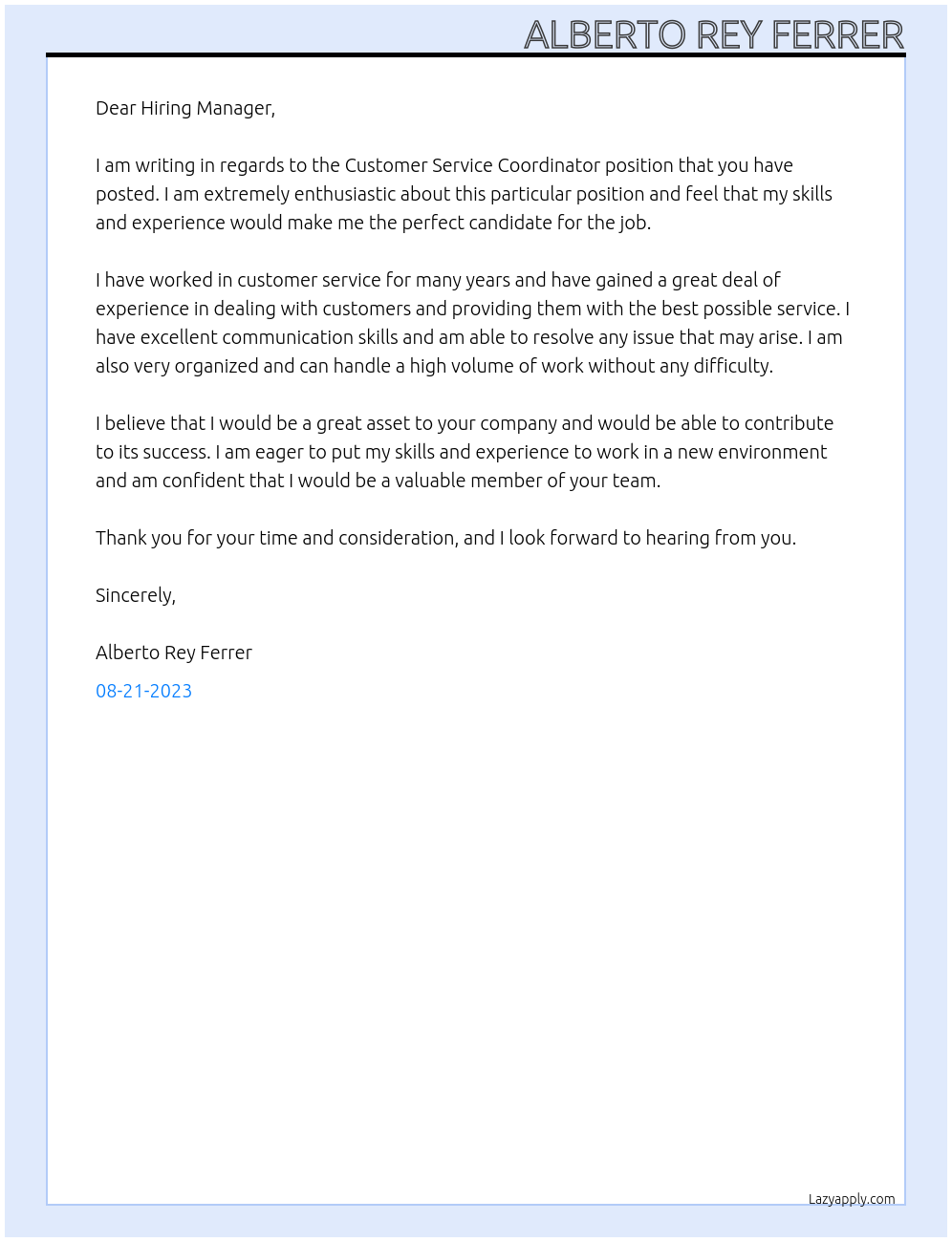 Customer Service Coordinator At None Cover Letter