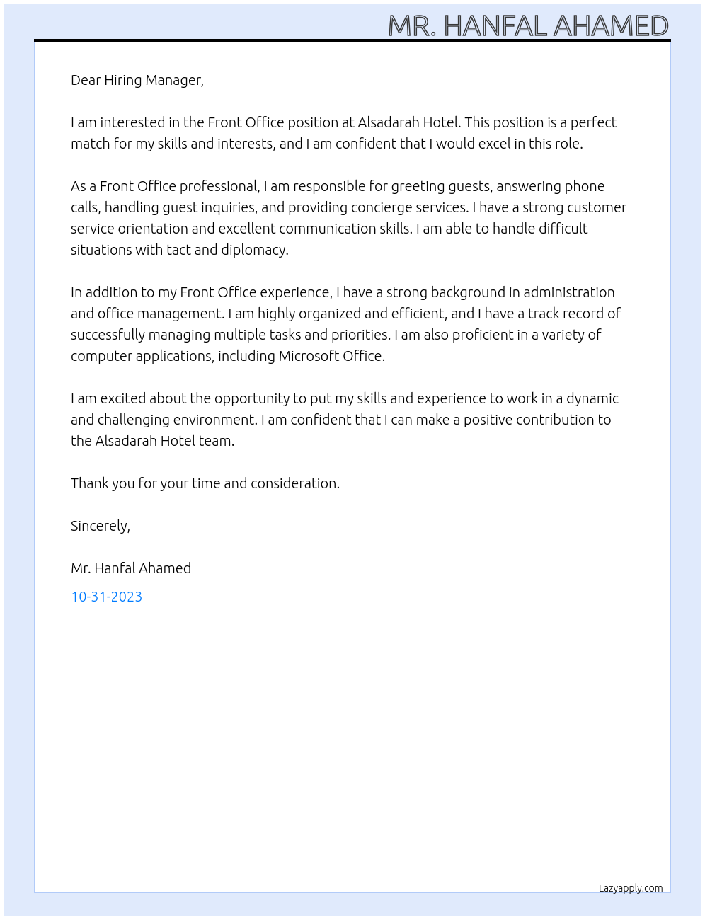 Front Office At Alsadarah Hotel Cover Letter