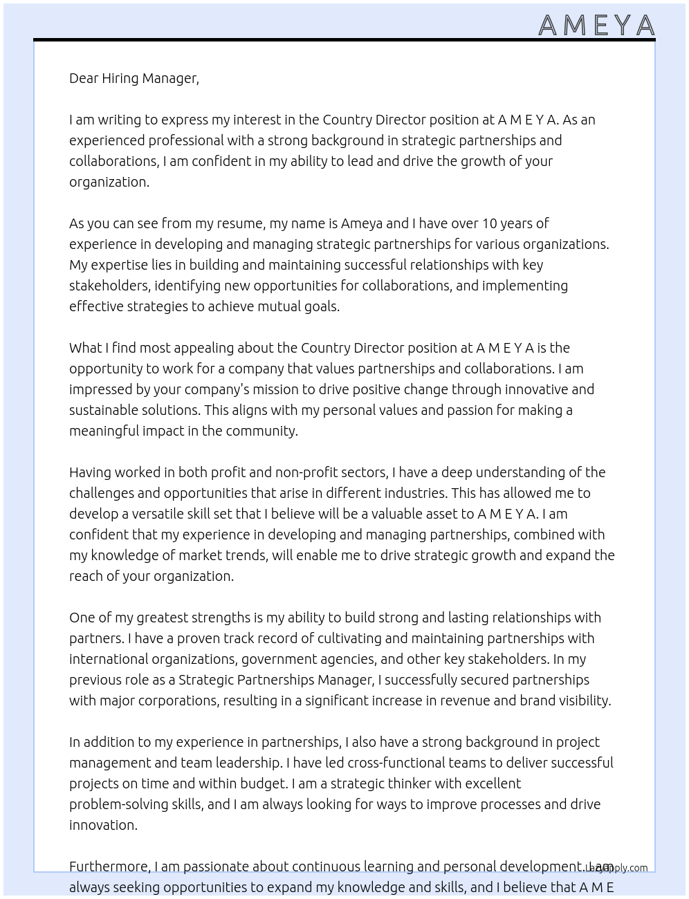 Country Director At A M E Y A Cover Letter