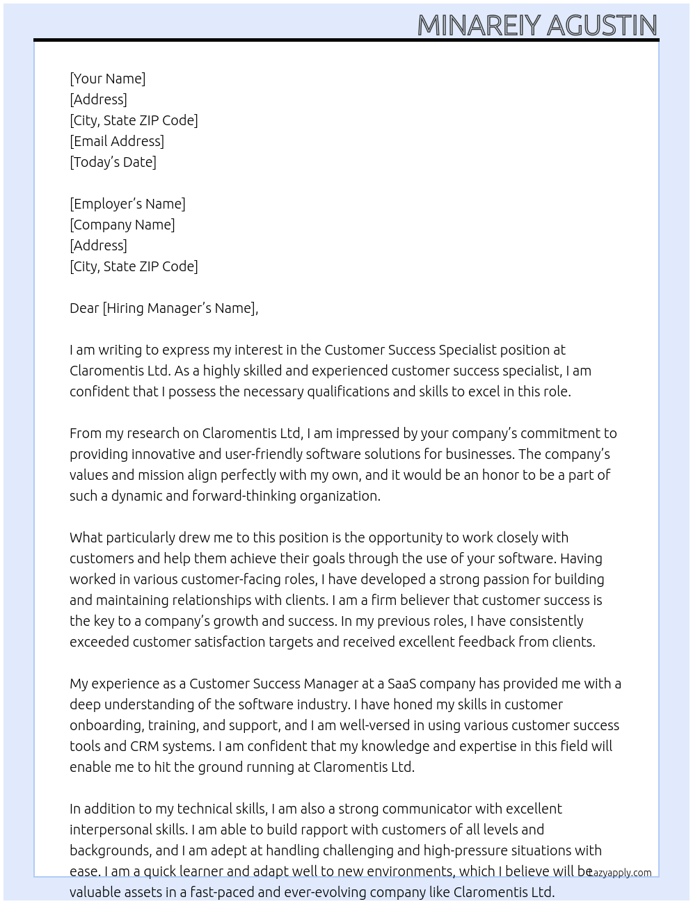 Customer Success Specialist At Claromentis Ltd Cover Letter