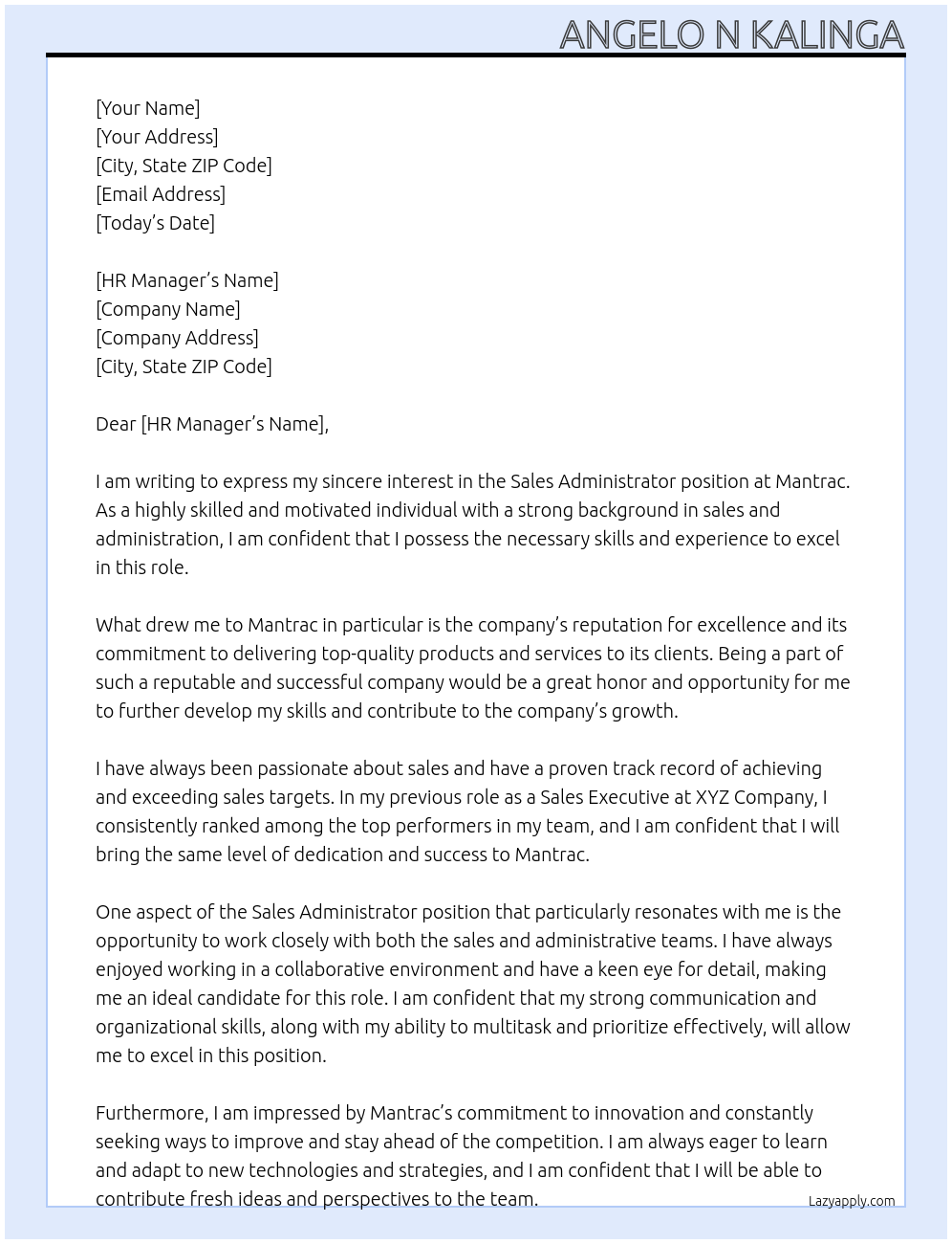 Sales administrator At Mantrac Cover Letter