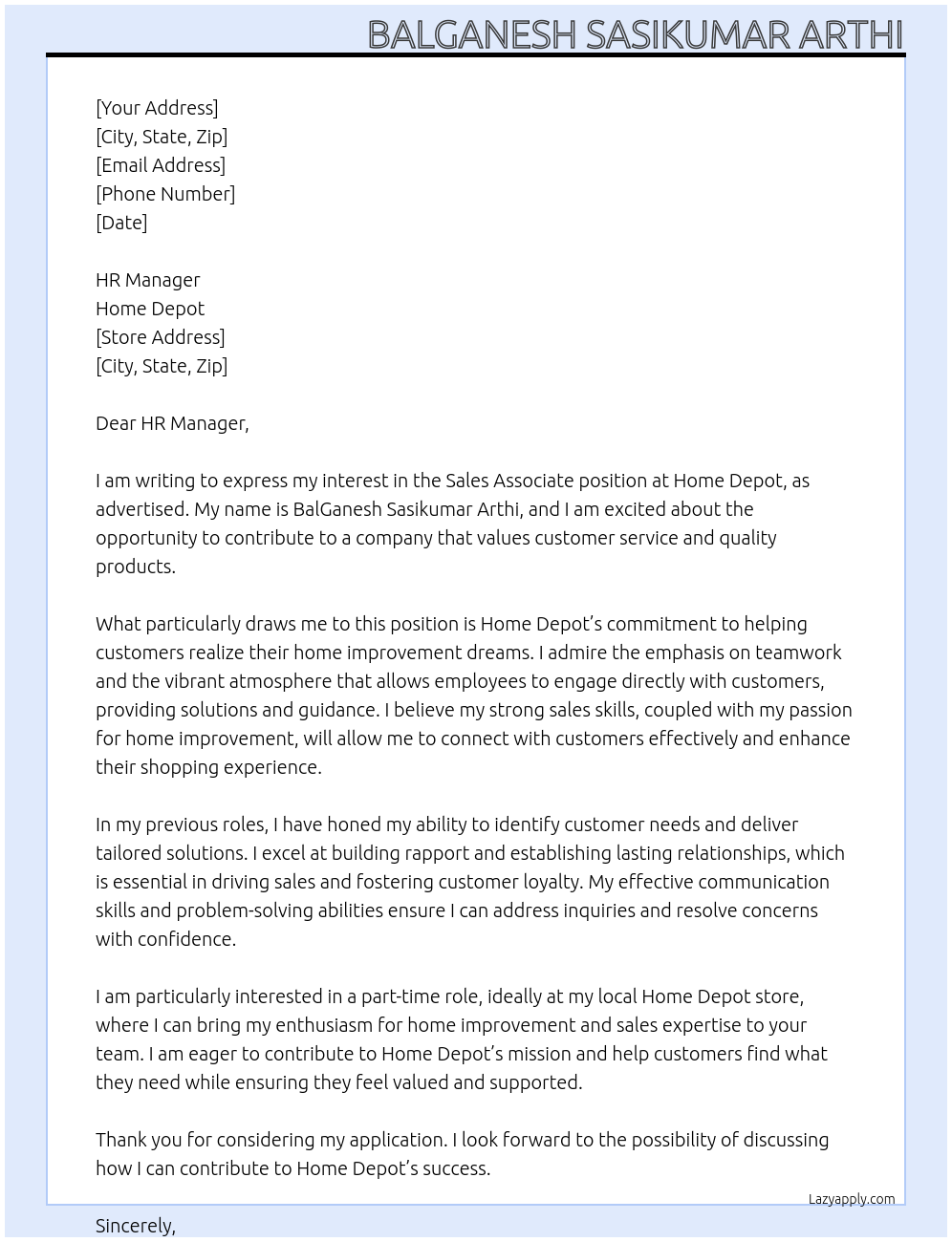 sales associate  At Home depot Cover Letter