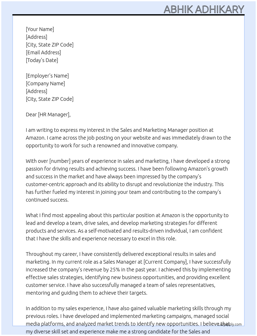 Sales and Marketing Manager At Amazon Cover Letter