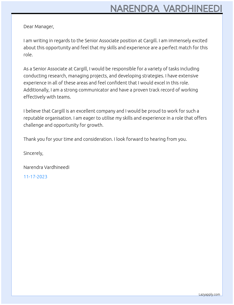 Senior associate At Cargill Cover Letter