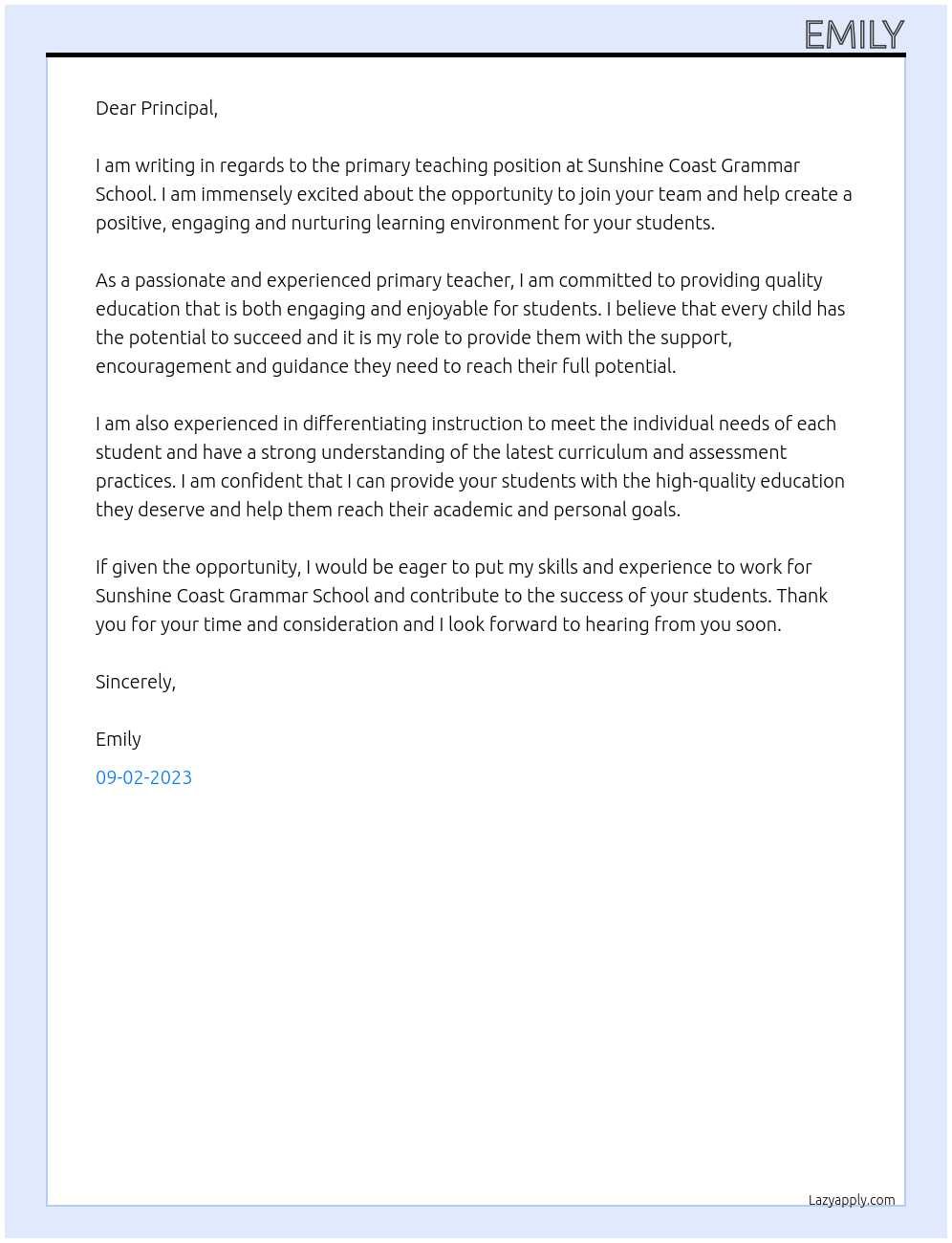 primary teacher At Sunshine Coast Grammar School Cover Letter