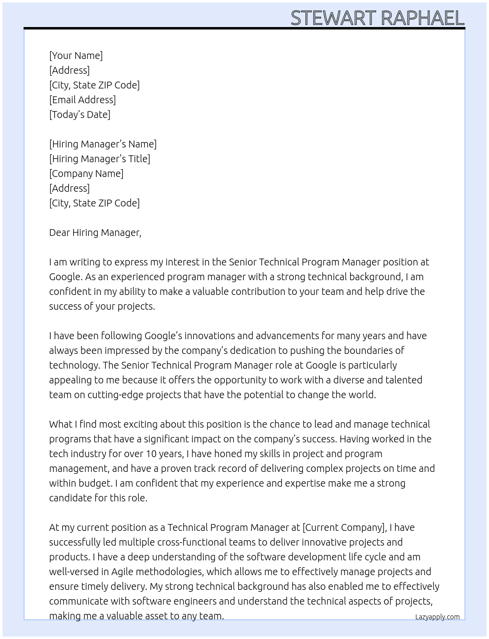 Senior Technical Program Manager At Google Cover Letter