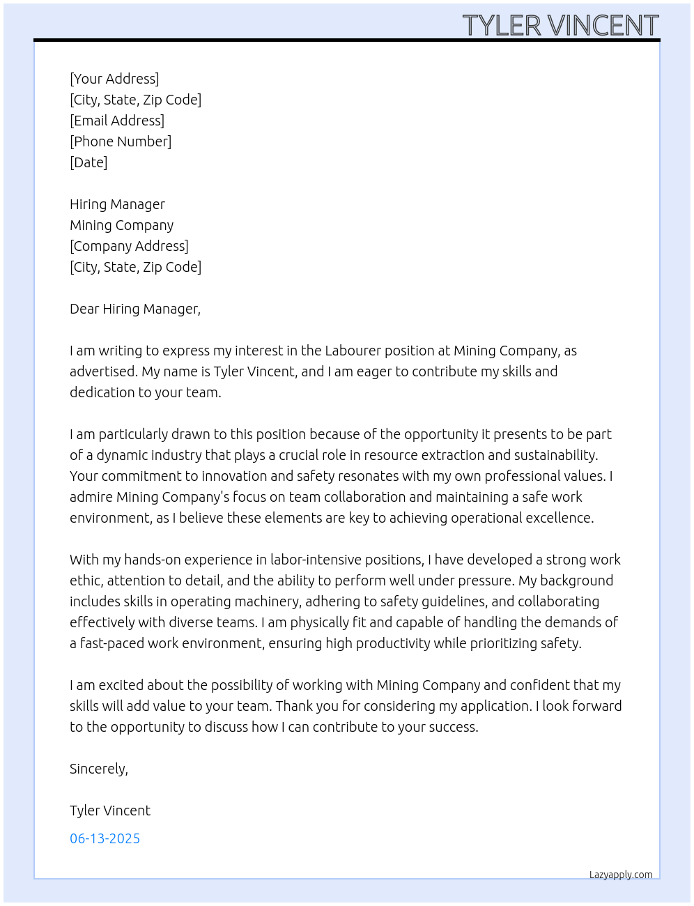 Cover letter for labourer - LazyApply