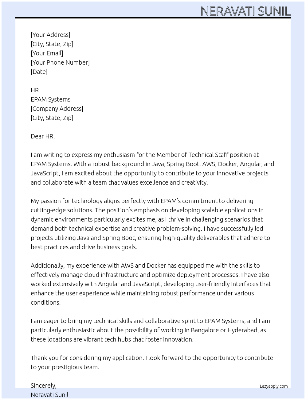 Cover letter for member of technical staff - LazyApply