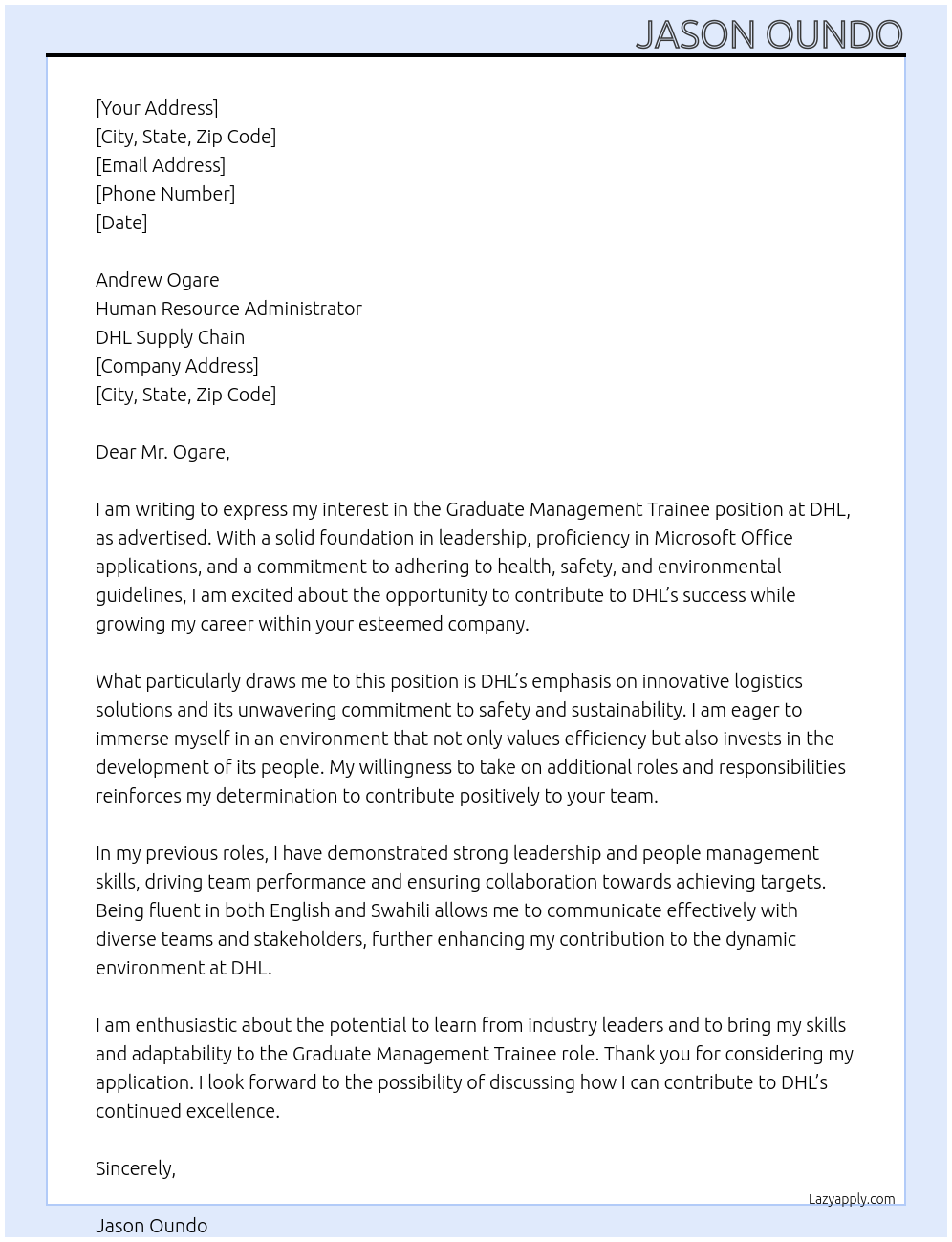 Graduate Management Trainee At DHL Cover Letter
