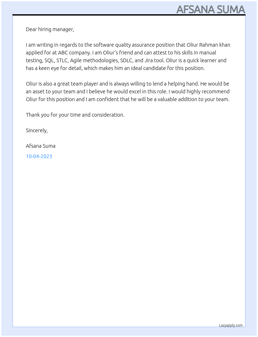 software quality assurance At abc Cover Letter