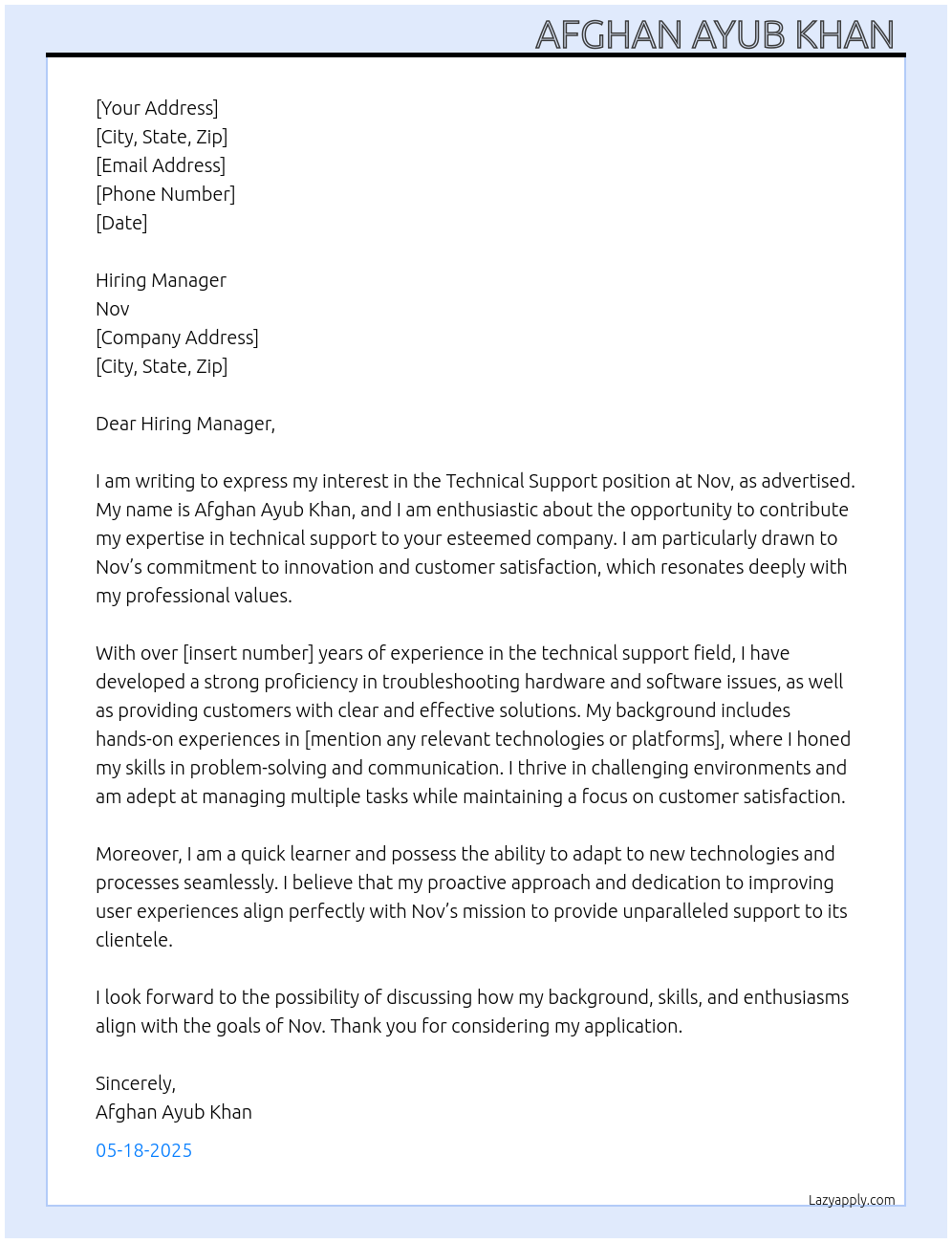 Technical support At Nov Cover Letter