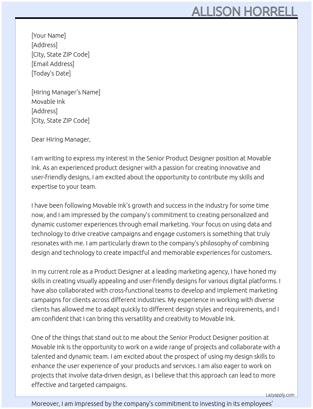 Senior Product Designer At Movable Ink Cover Letter