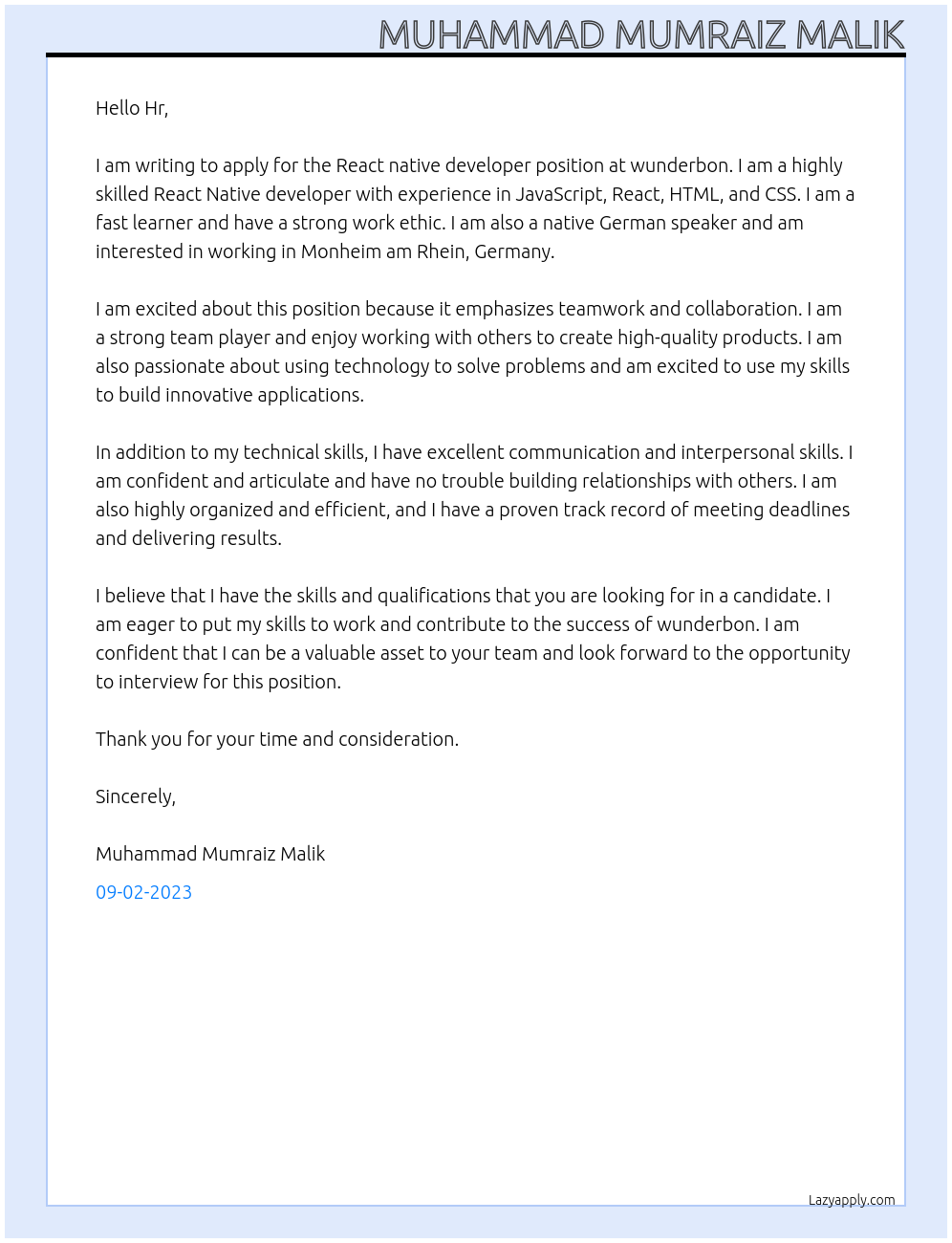 React native developer At wunderbon Cover Letter