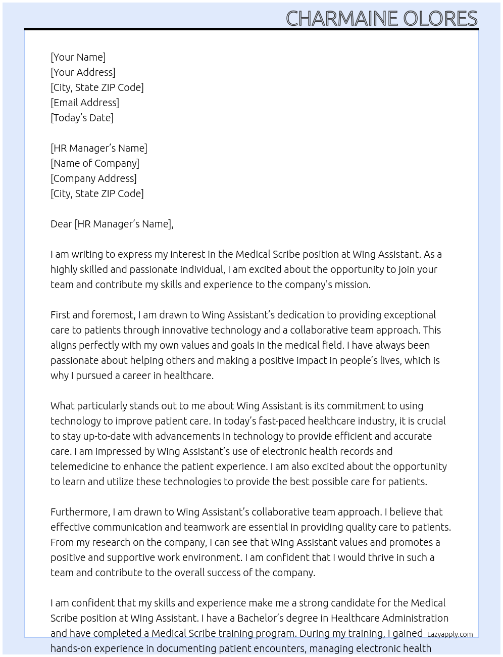 Medical Scribe At Wing Assistant Cover Letter