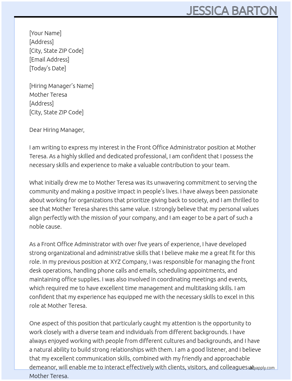 Front Office Administrator  At Mother Teresa  Cover Letter