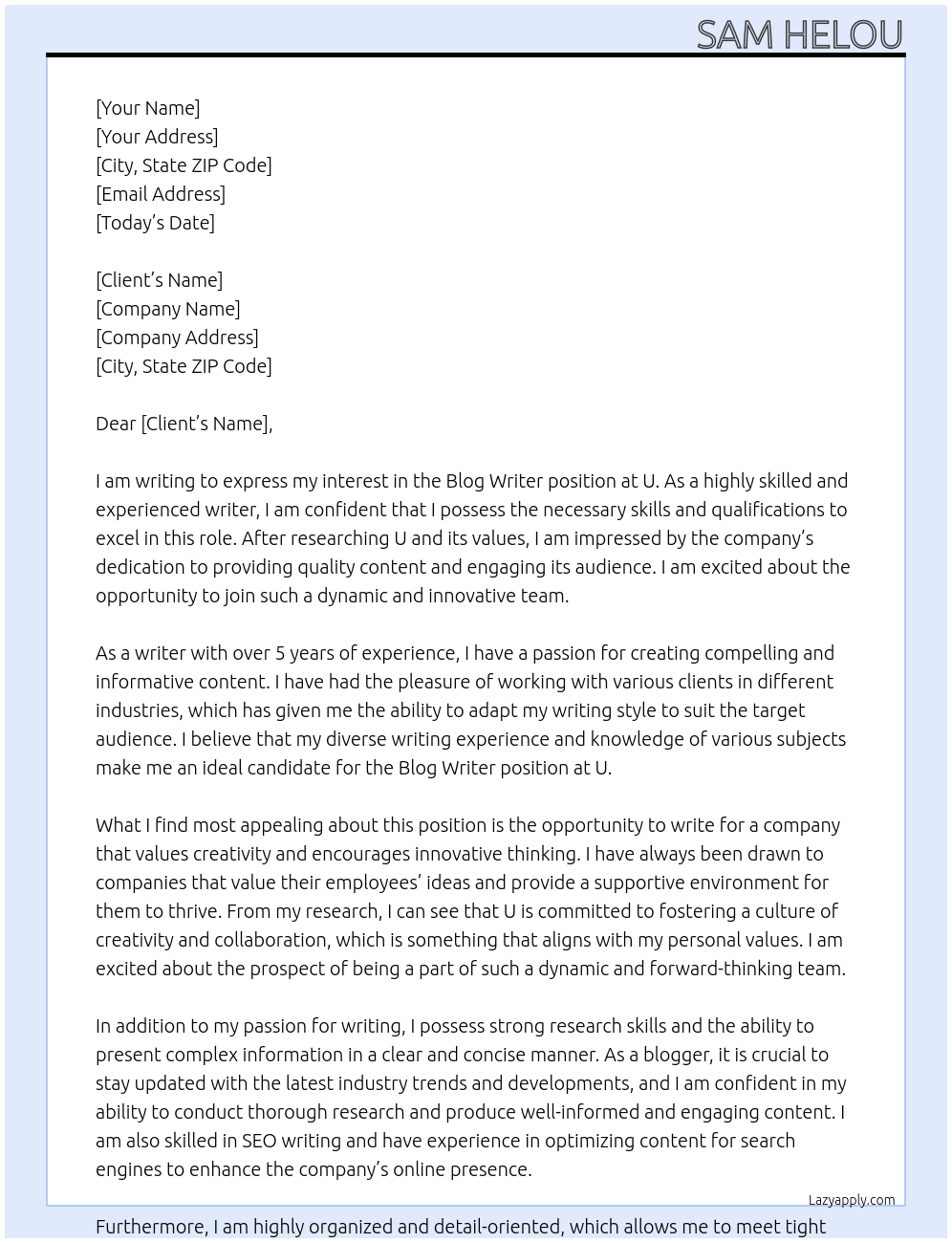 Blog writer At U Cover Letter