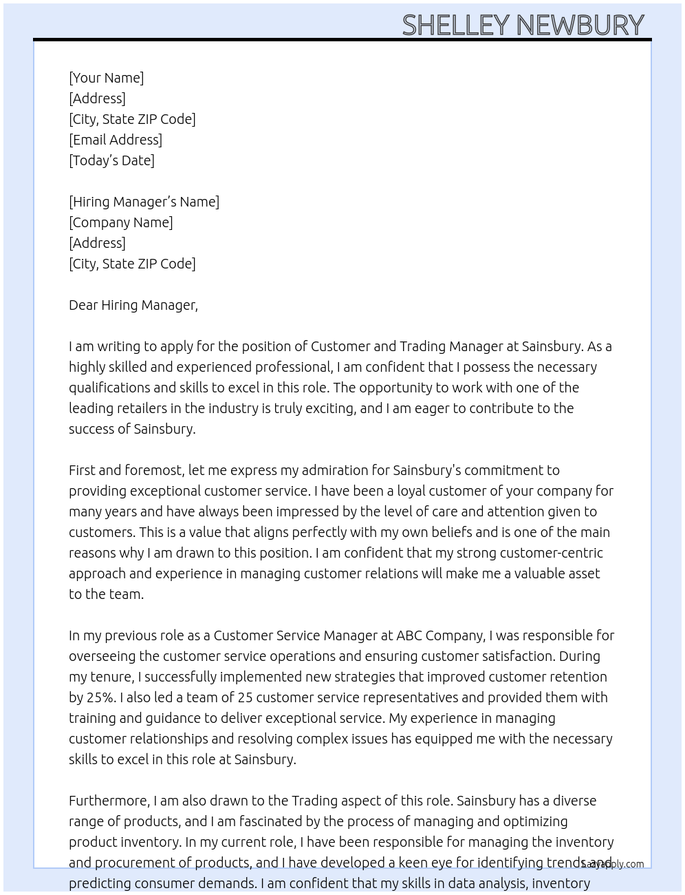 Customer and Trading Manager At Sainsbury  Cover Letter