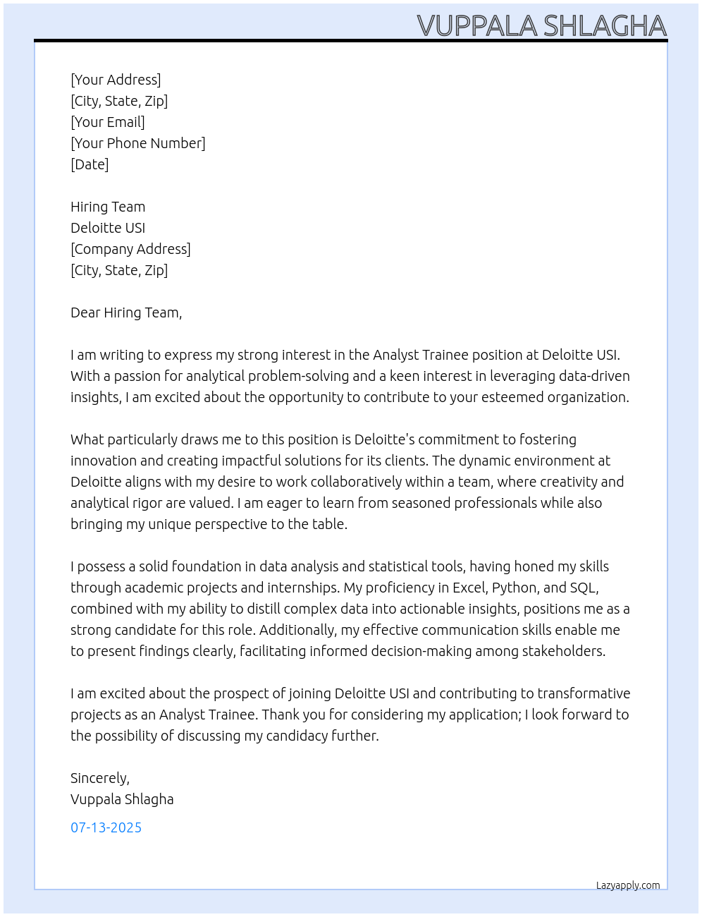 Analyst Trainee At Deloitte USI Cover Letter