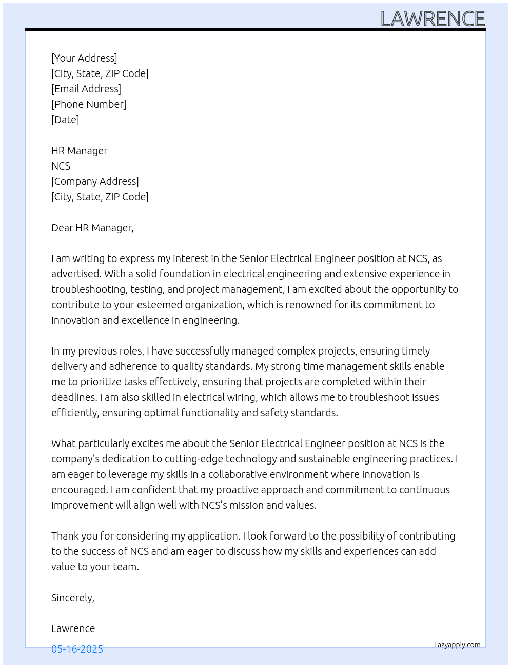 Cover letter for senior electrical engineer - LazyApply