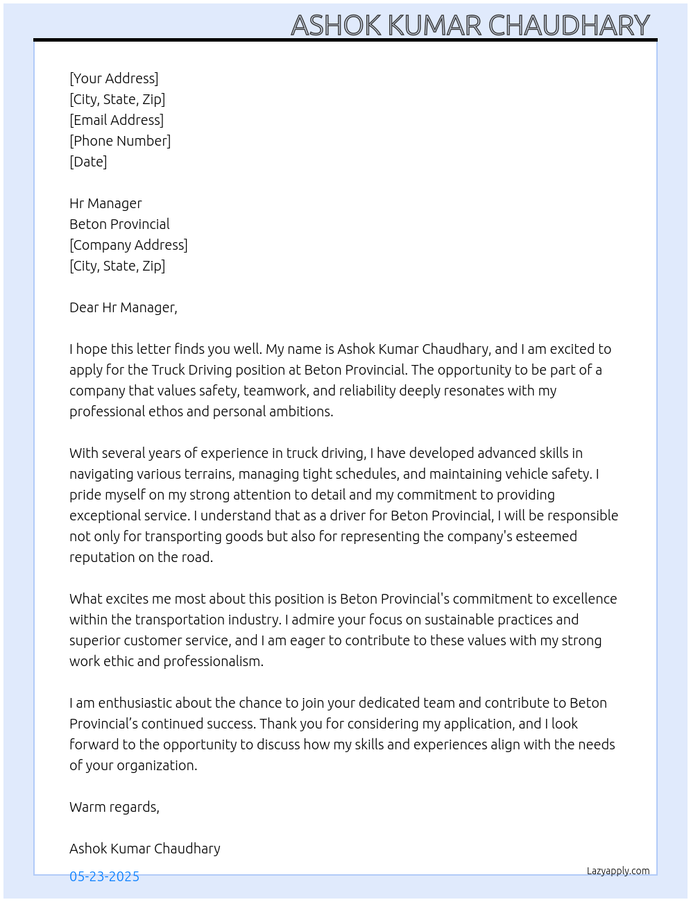 Truck Driving  At Beton provincial Cover Letter