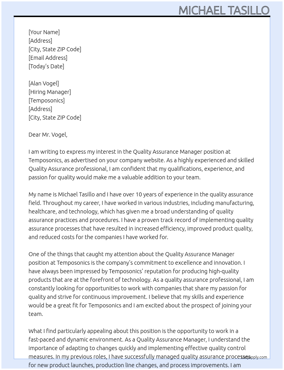 Quality Assurance Manager At Temposonics Cover Letter