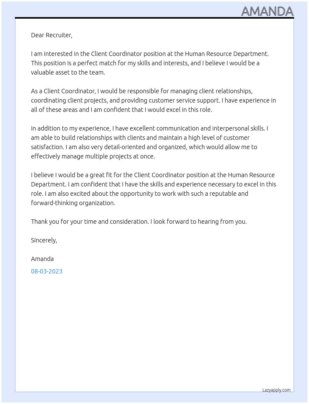 Client Coordinator At Human Resource Department Cover Letter