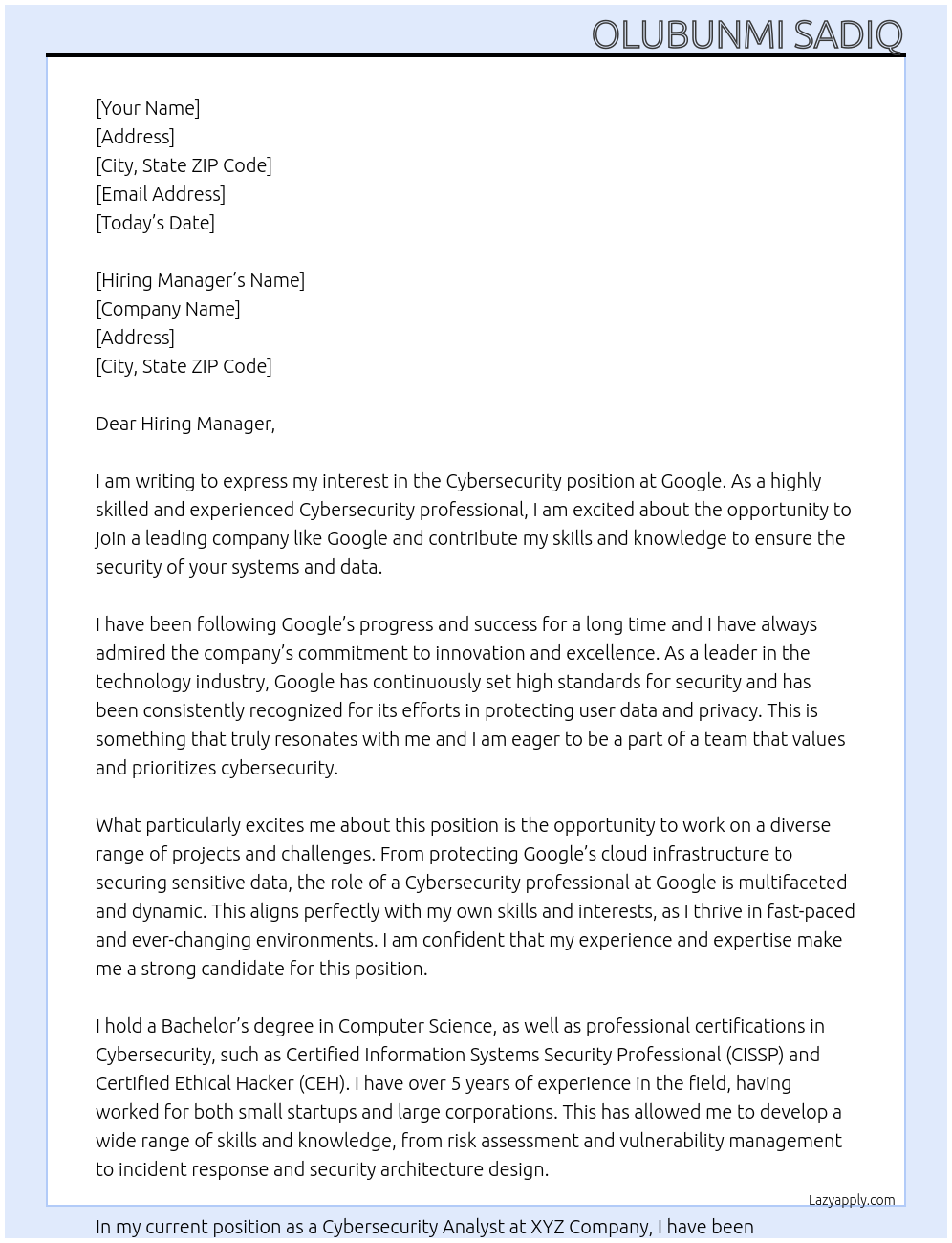 Cybersecurity  At Google Cover Letter