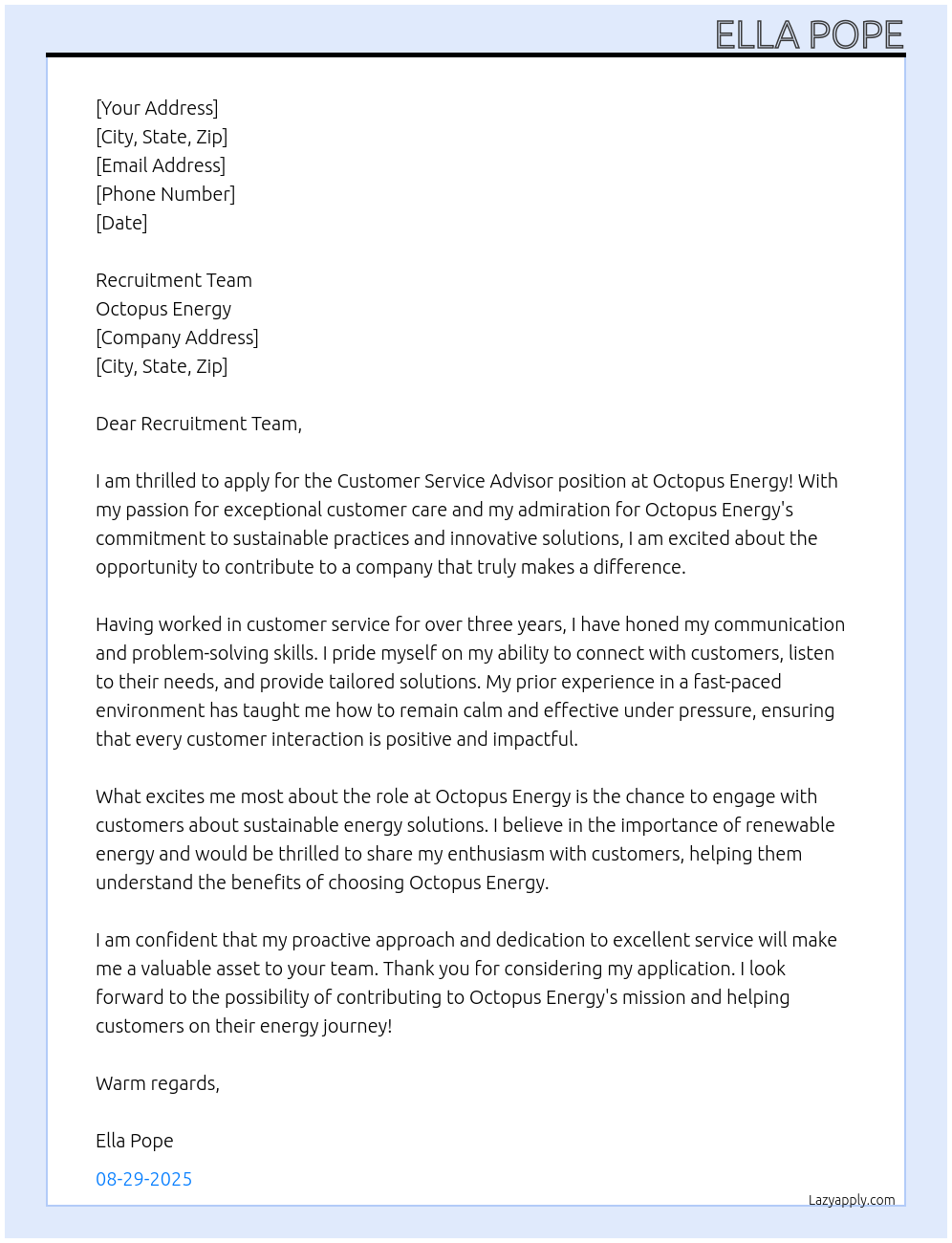 customer service advisor At Octopus Energy Cover Letter