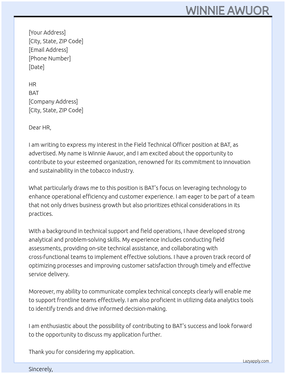 Cover letter for field technical officer - LazyApply