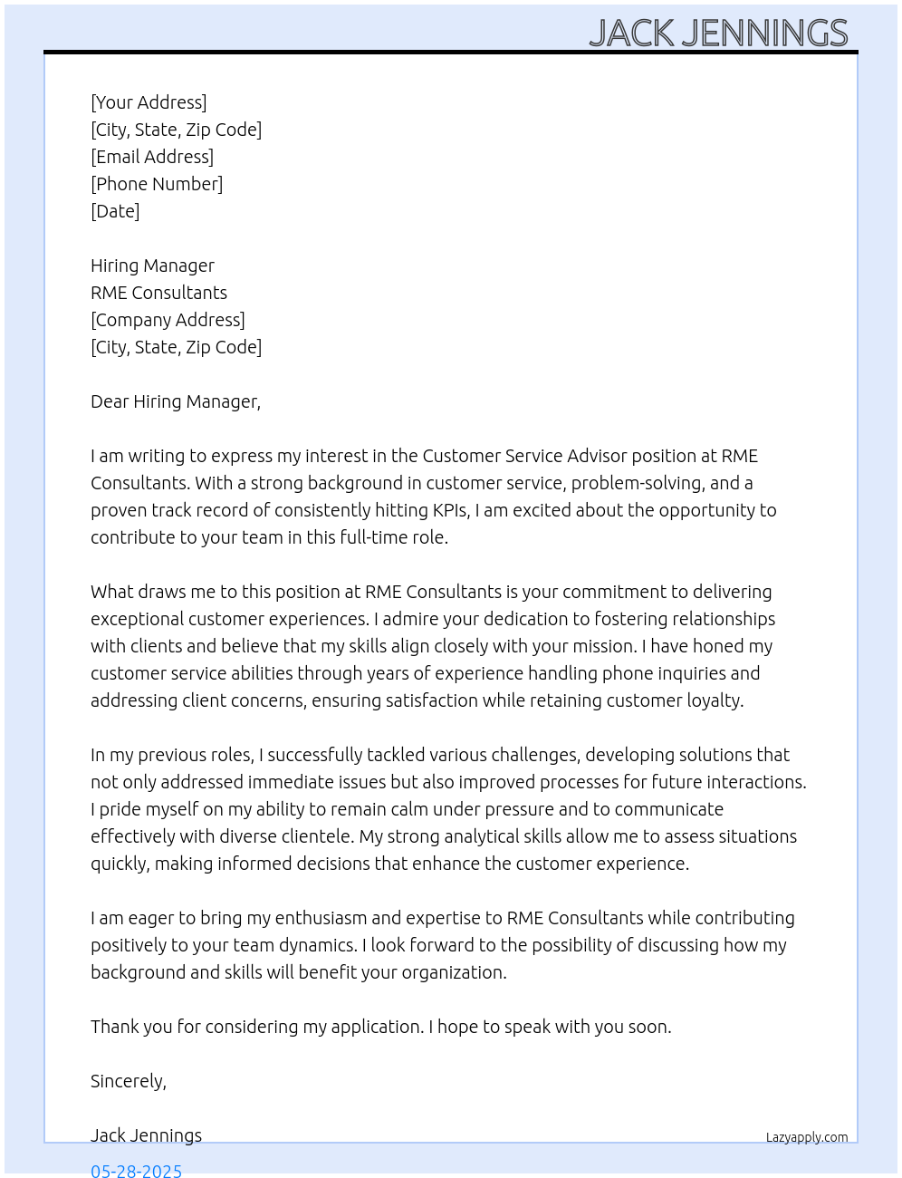 Customer service advisor At RME consultants Cover Letter