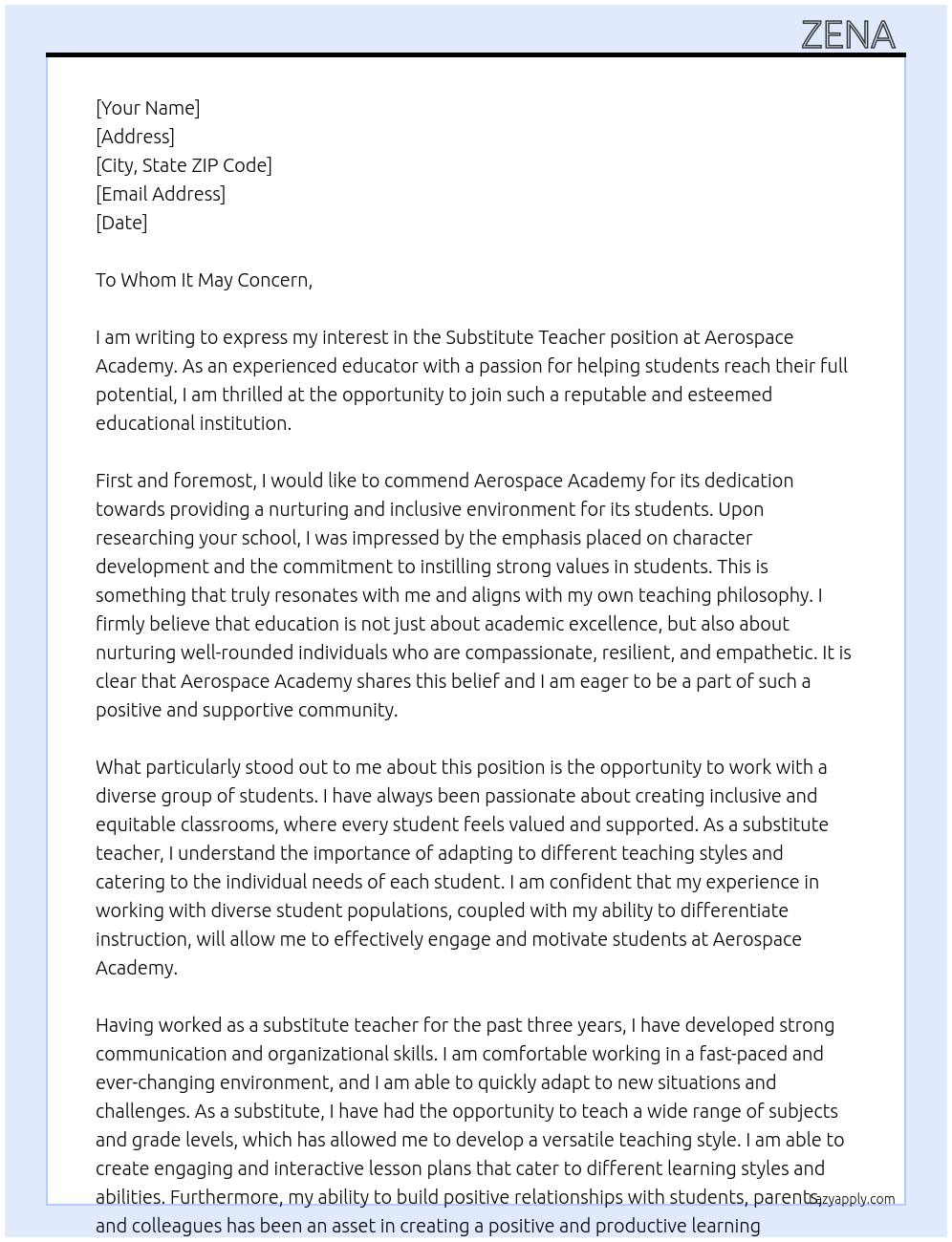 Substitute teacher At Aerospace Academy Cover Letter