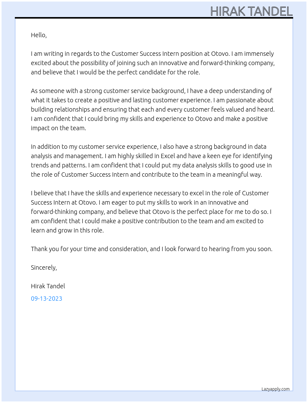 customer success intern At Otovo Cover Letter