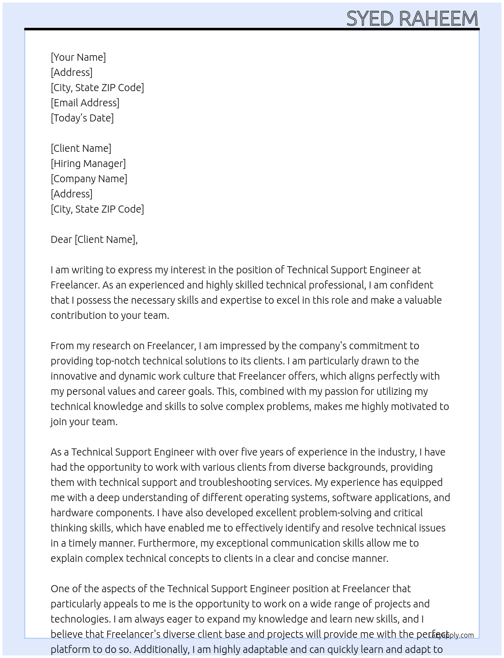 Technical support engineer At Free lancer Cover Letter