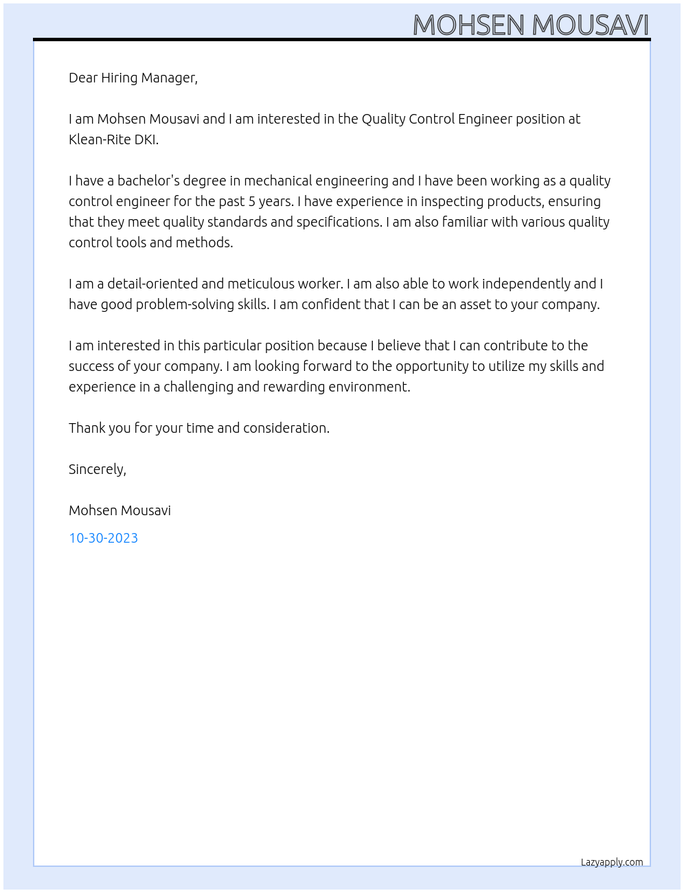 Quality control engineer At Klean-Rite DKI Cover Letter