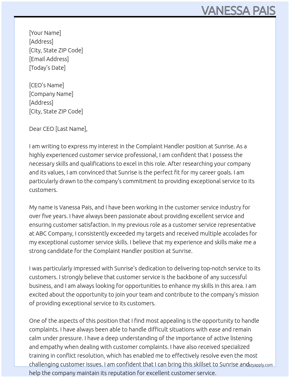 Complaint handler At Sunrise Cover Letter