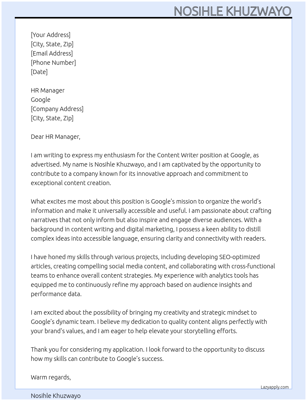 content writer At google Cover Letter