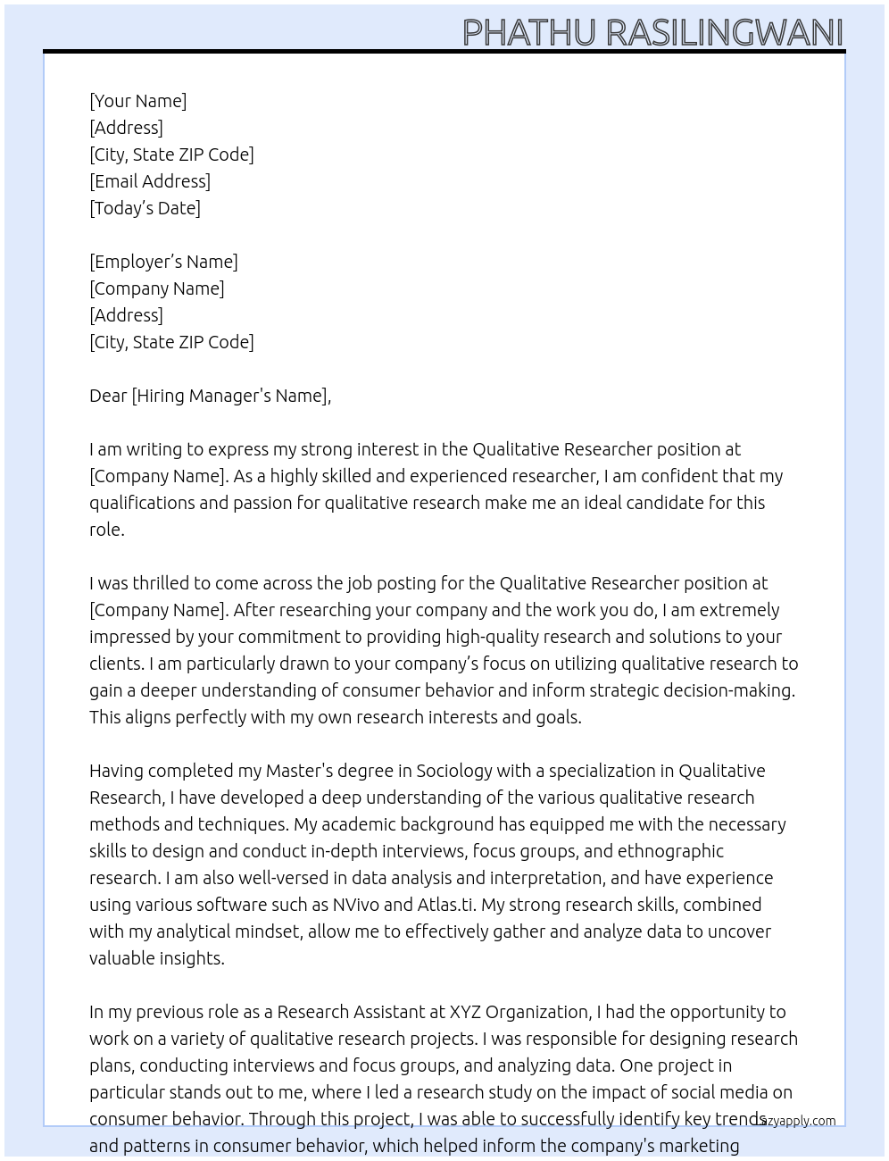 Qualitative researcher At Your company  Cover Letter