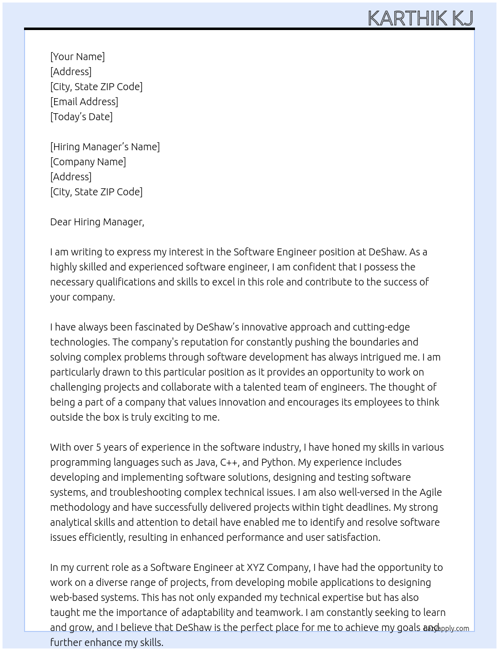 Software Engineer At DeShaw Cover Letter