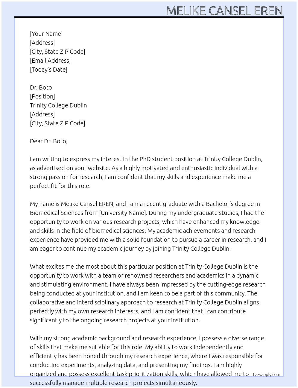 PhD student  At Trinity College Dublin  Cover Letter