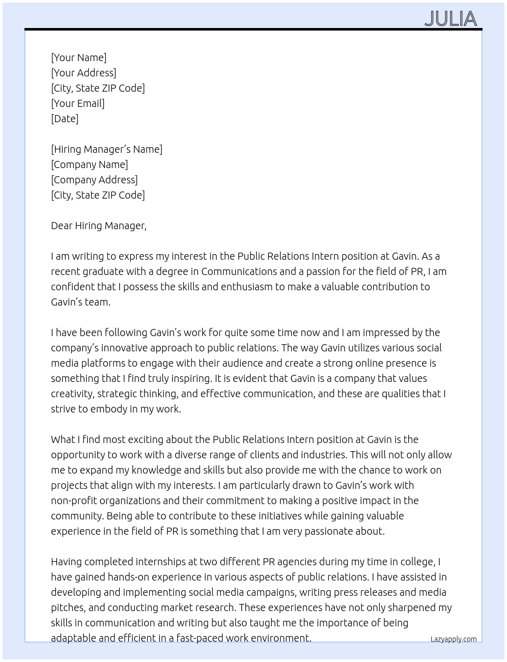 Public Relations Intern At Gavin Cover Letter