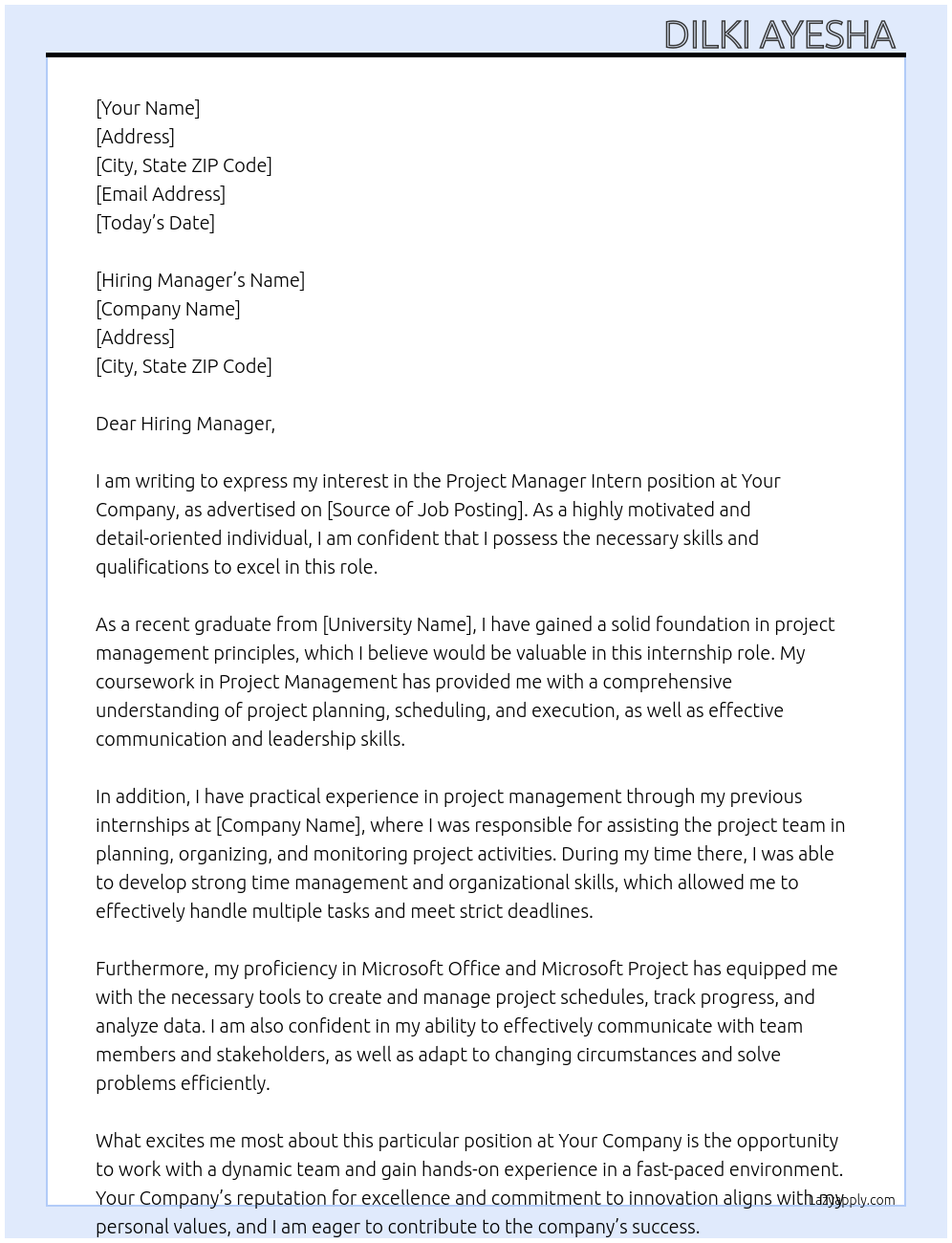 Project Manager intern At Your Company Cover Letter