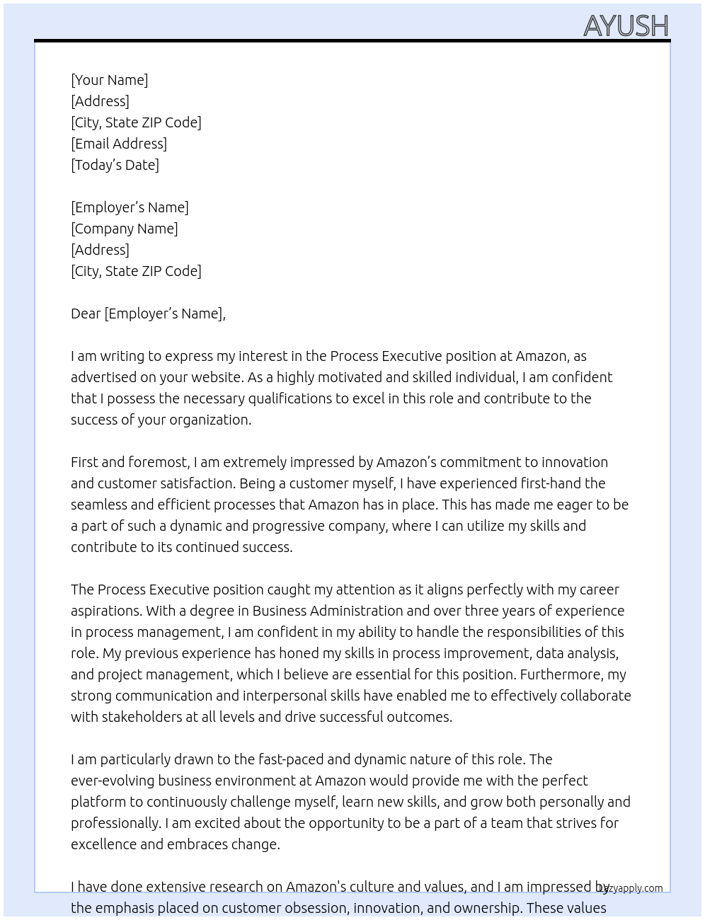 Process Executive  At Amazon Cover Letter