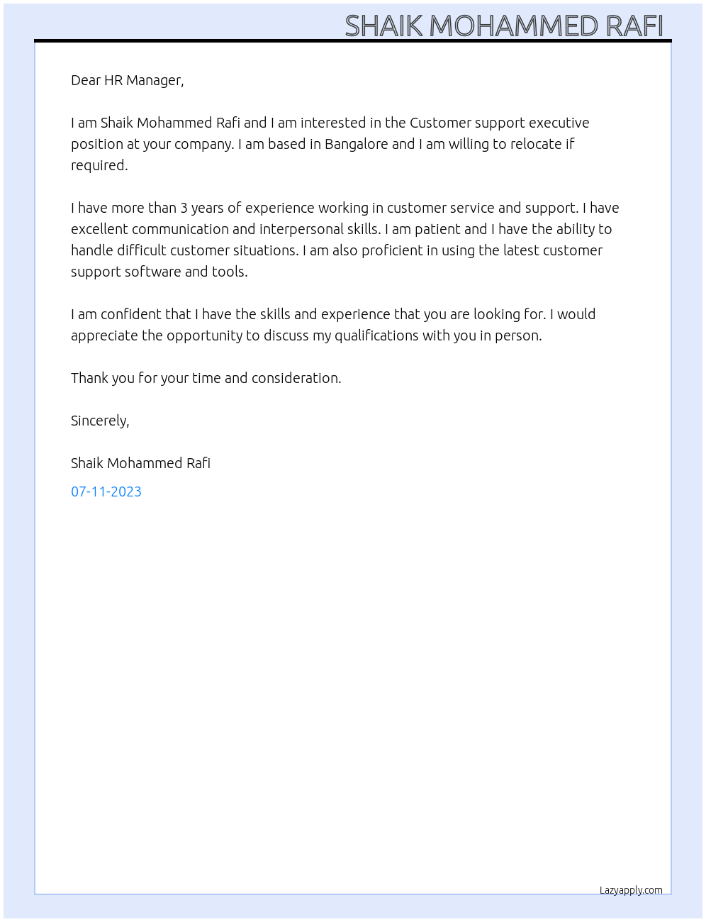 Customer support executive At Na Cover Letter