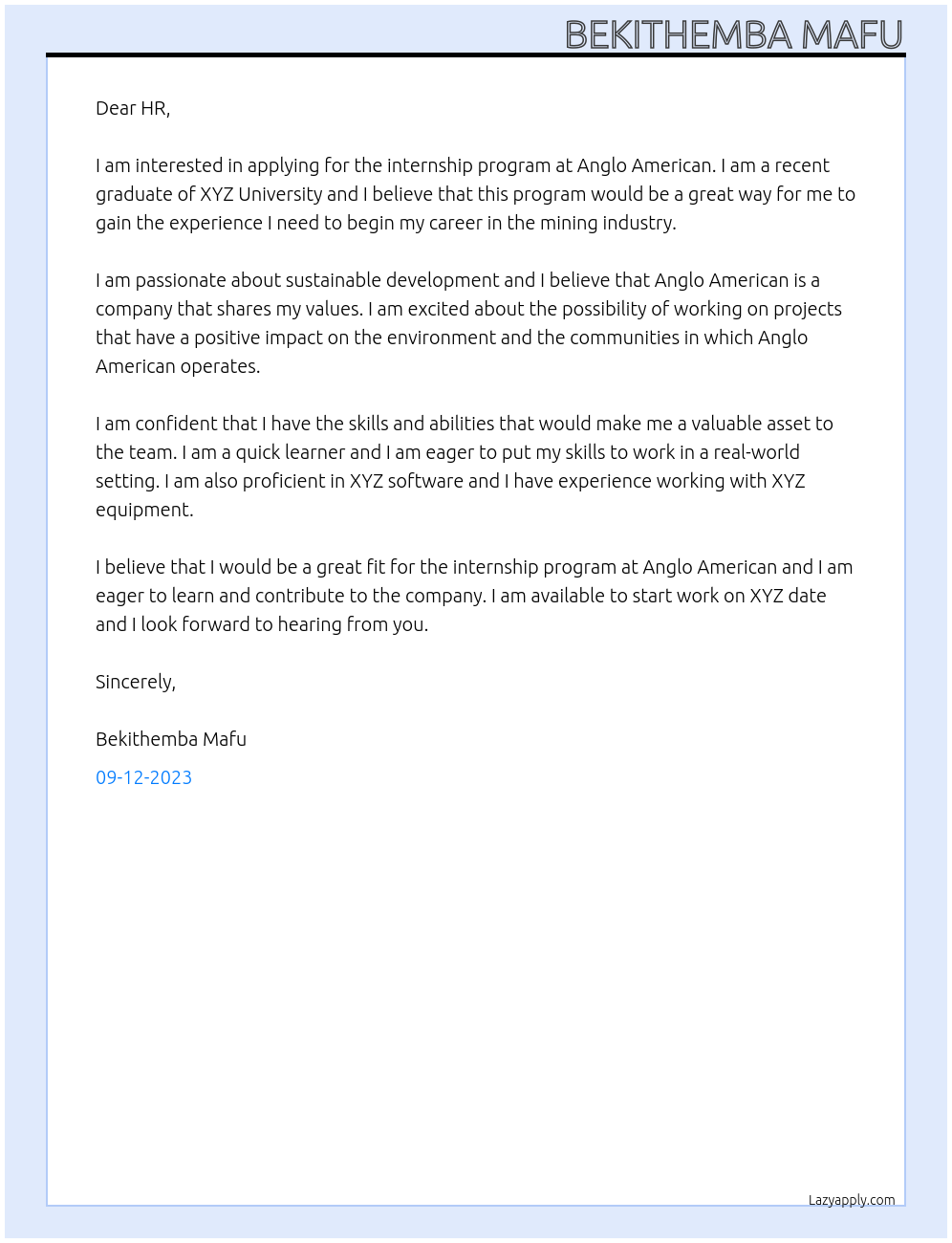 Internship program At Anglo American Cover Letter