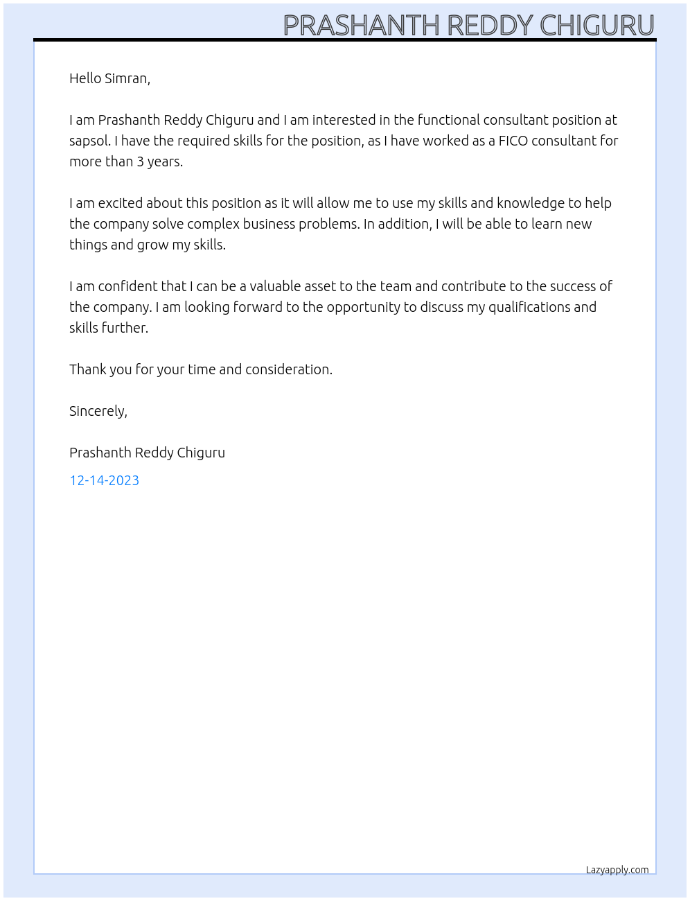 functional consultant At sapsol Cover Letter